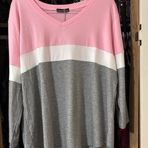 Pink, White, and Gray Long Sleeve Top